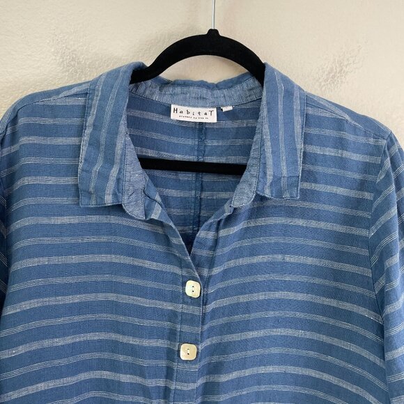 Habitat Womens Large Blue Striped 100% Linen Button Up Shirt Lagenlook Top - Picture 9 of 10